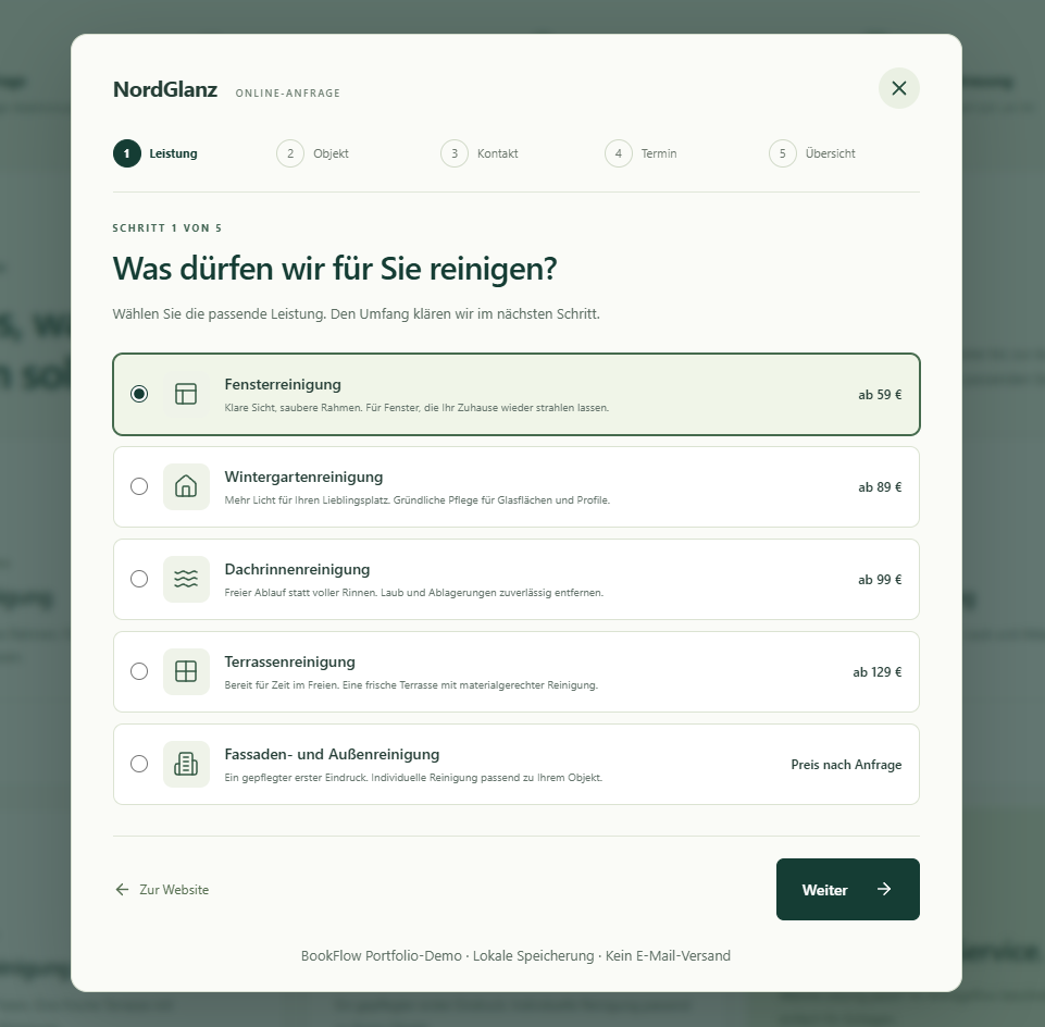 BookFlow: Auswahl einer Reinigungsleistung im ersten Schritt der Online-Anfrage
