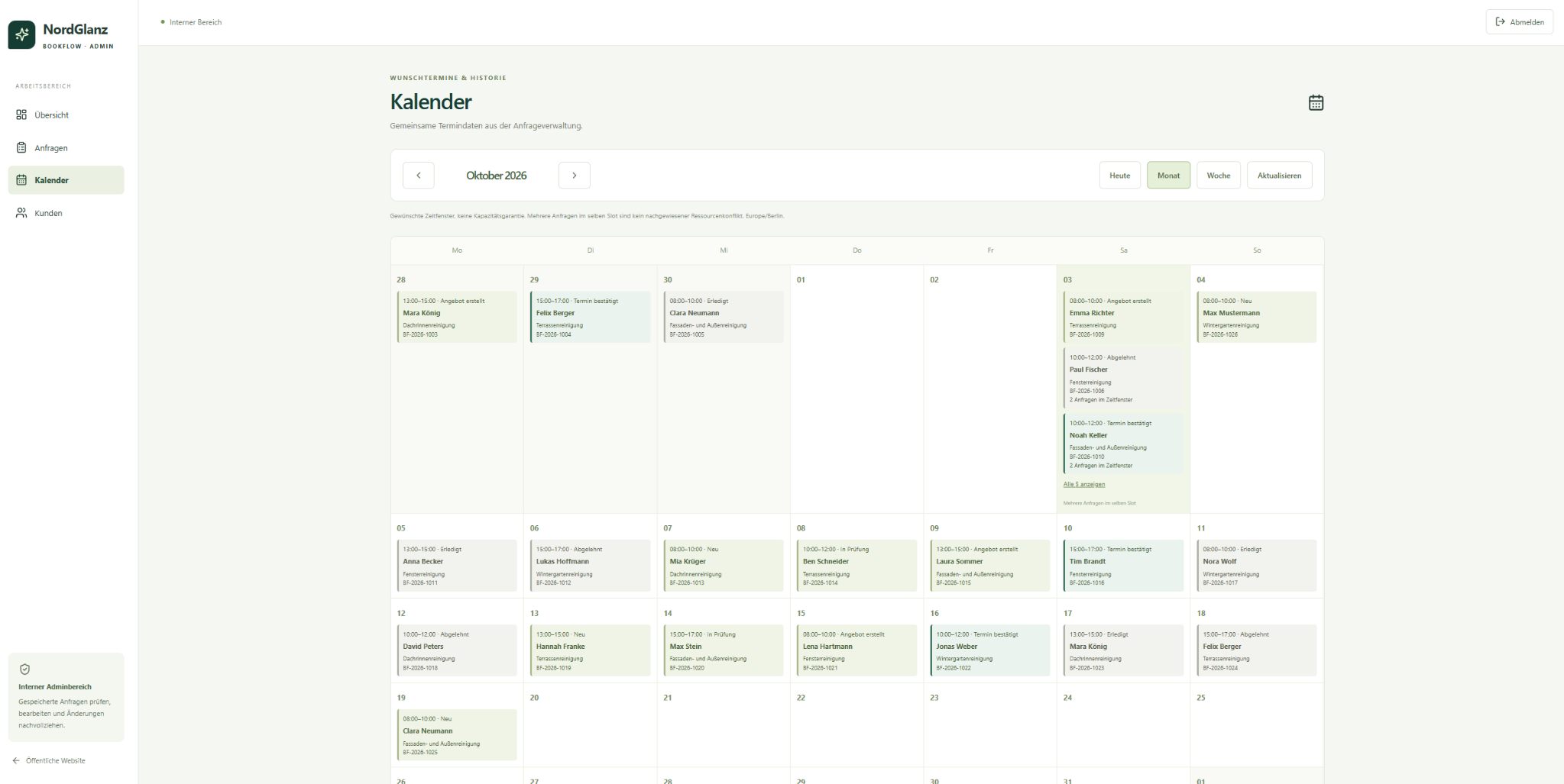 BookFlow: Monatskalender mit Wunschzeiten und Status synthetischer Anfragen