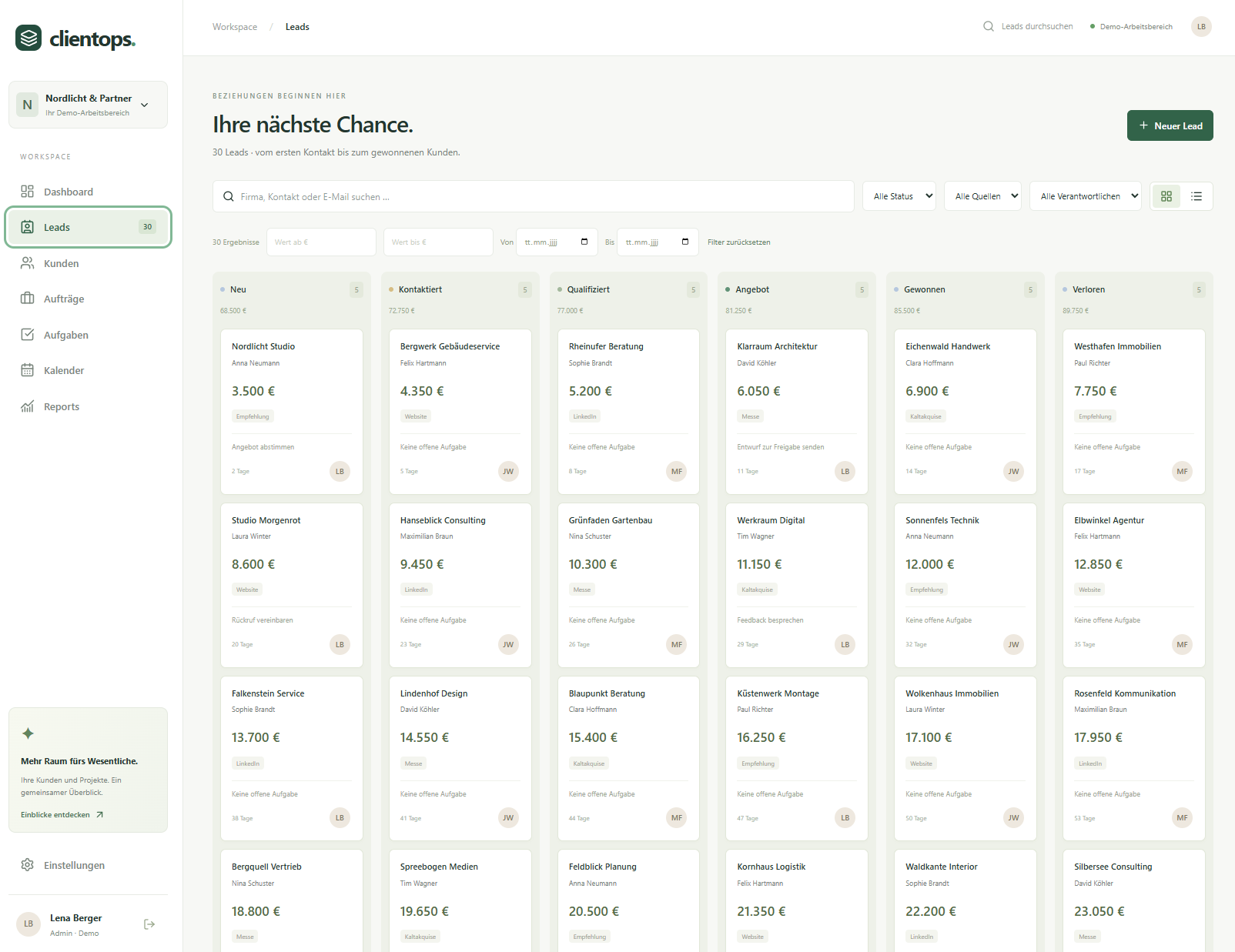 ClientOps: Lead-Kanban mit sechs Stufen von Neu bis Gewonnen oder Verloren